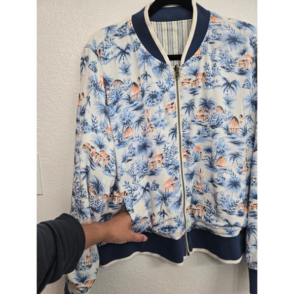 Faherty Reversible Mandalay Bomber Jacket Women’s XL Blue Tan Soft Cotton EUC - Picture 4 of 11